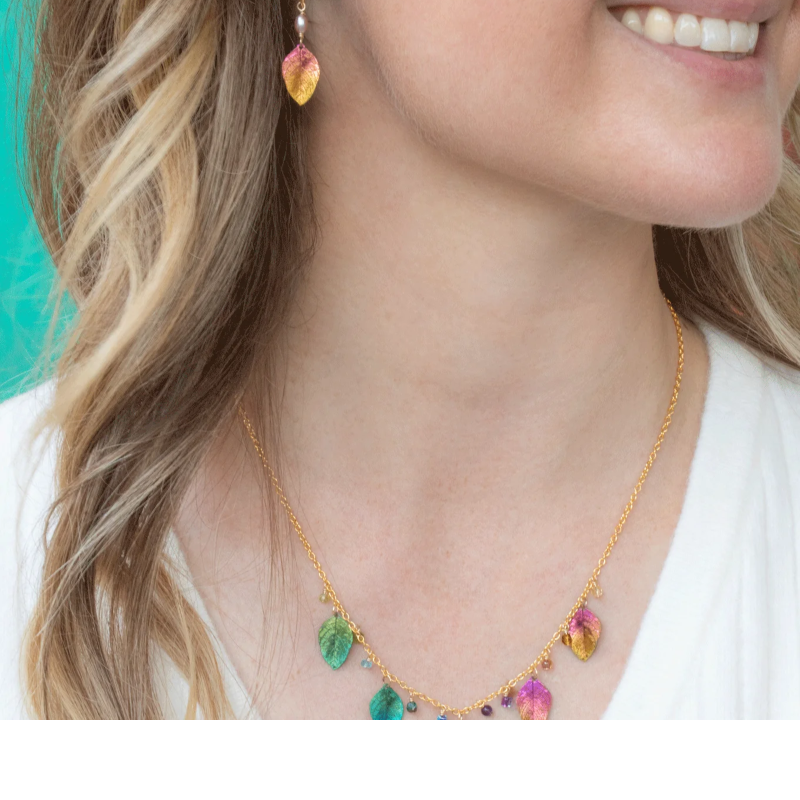holly yashi healing elm leaf gold rainbow necklace