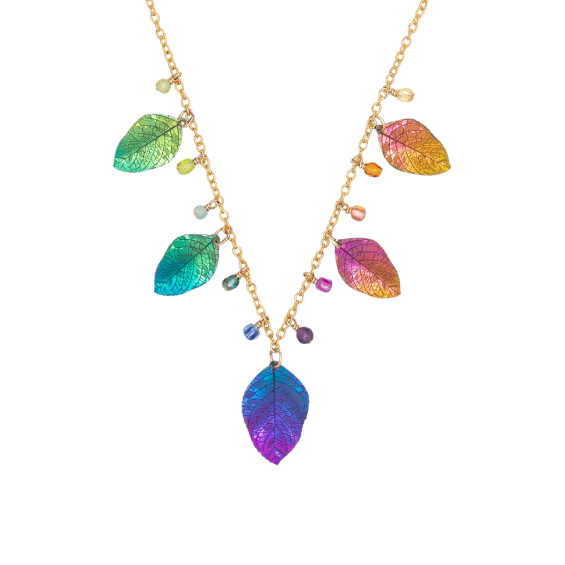 holly yashi healing elm leaf gold rainbow necklace