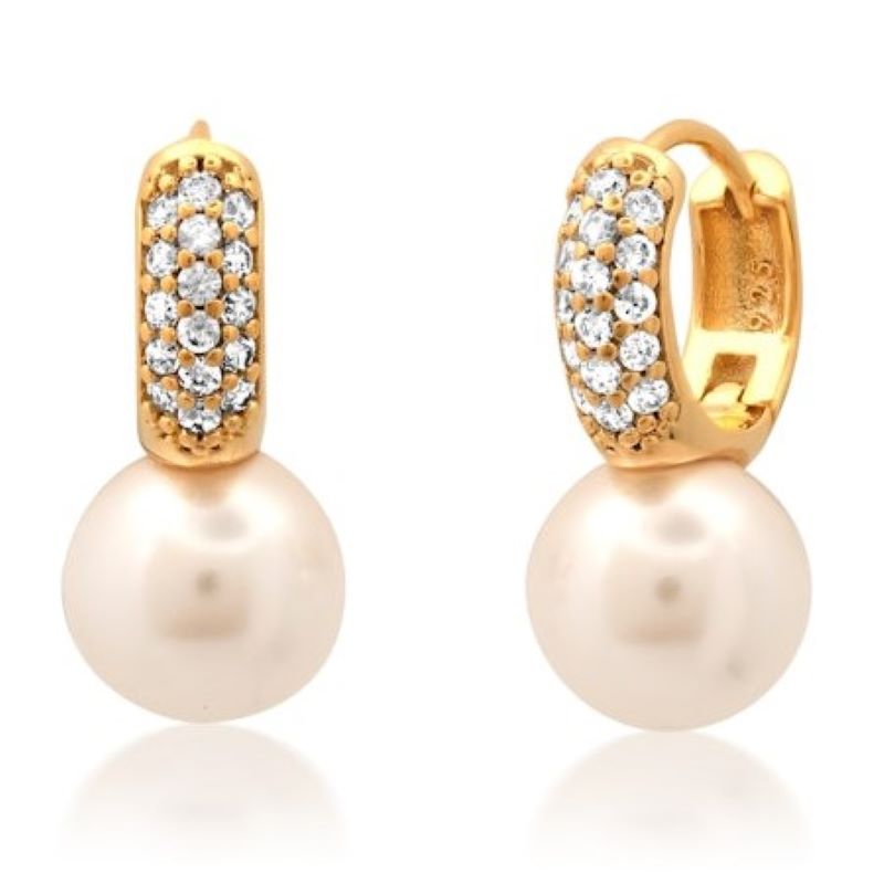 tai large pearl gold cz huggie earring