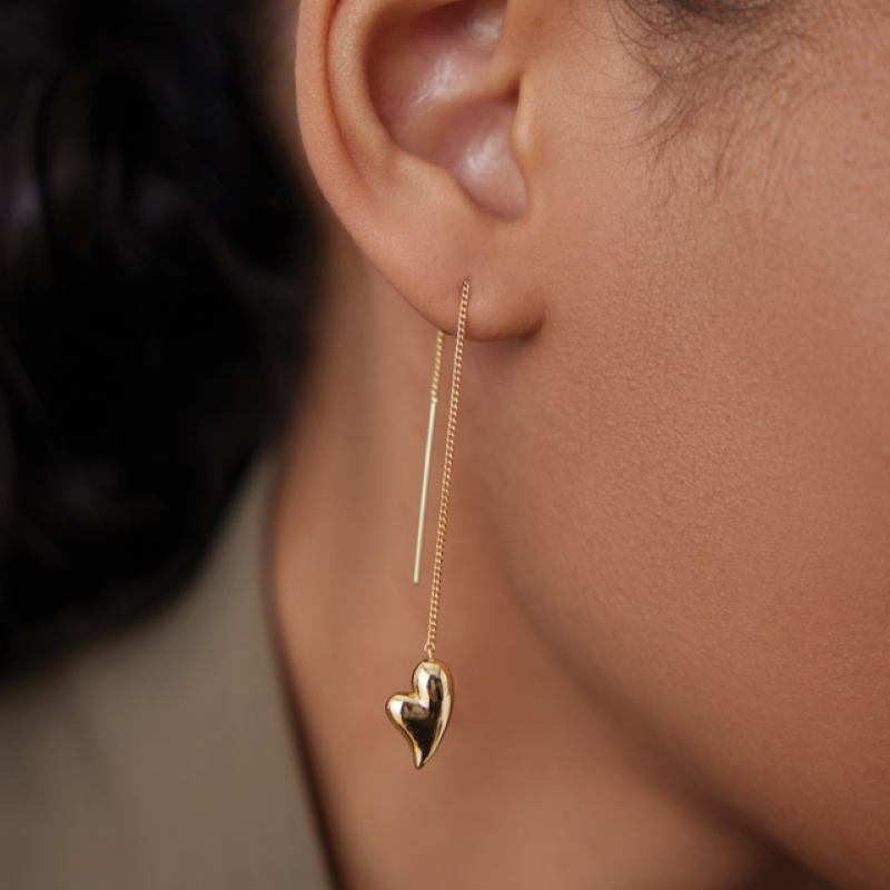 jenny bird puffy heart gold threader earring
