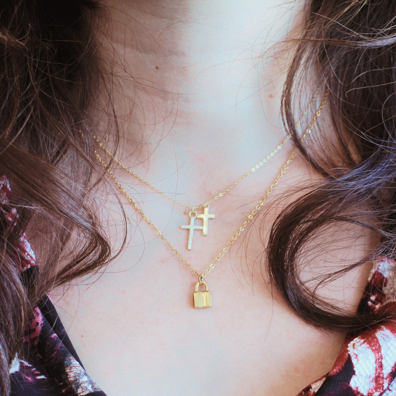 sahira gold double cross mini lock necklace