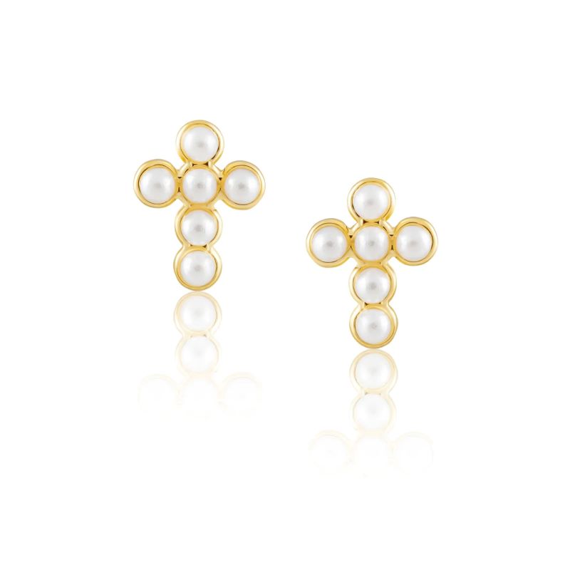 sahira gold mini pearl cross earring
