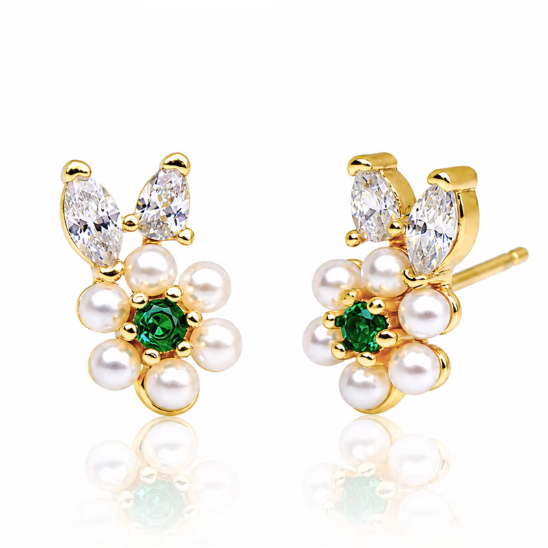 tai pearl flower cz leaf green stud earring