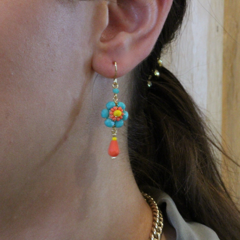 prima hawaiian bloom gold plated turquoise orange earrings