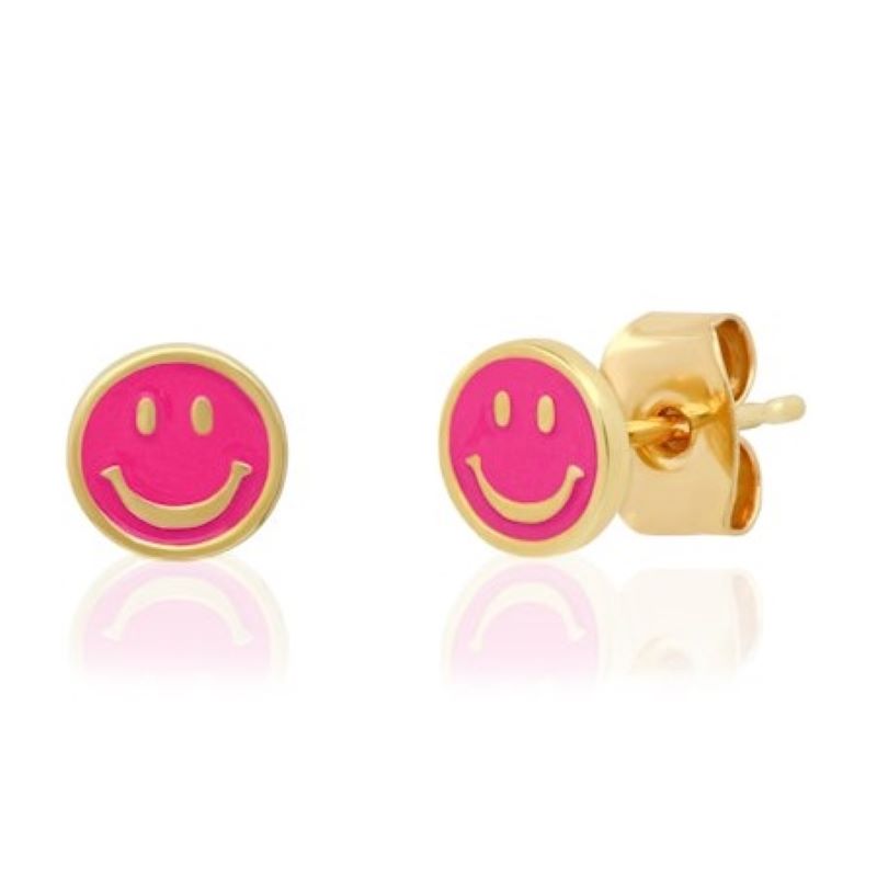tai smiley face gold pink enamel stud earring